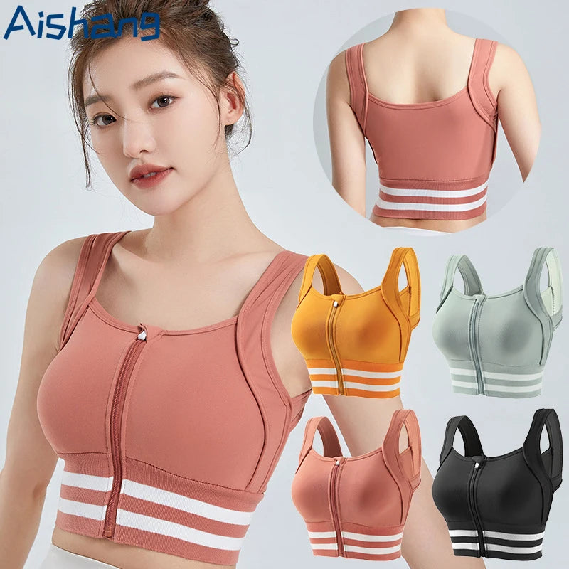 Sports Bras Zip Front For Women With Full Coverage Removable Padded Shockproof Yoga Underwear Workout Bra Running Fitness Vest
