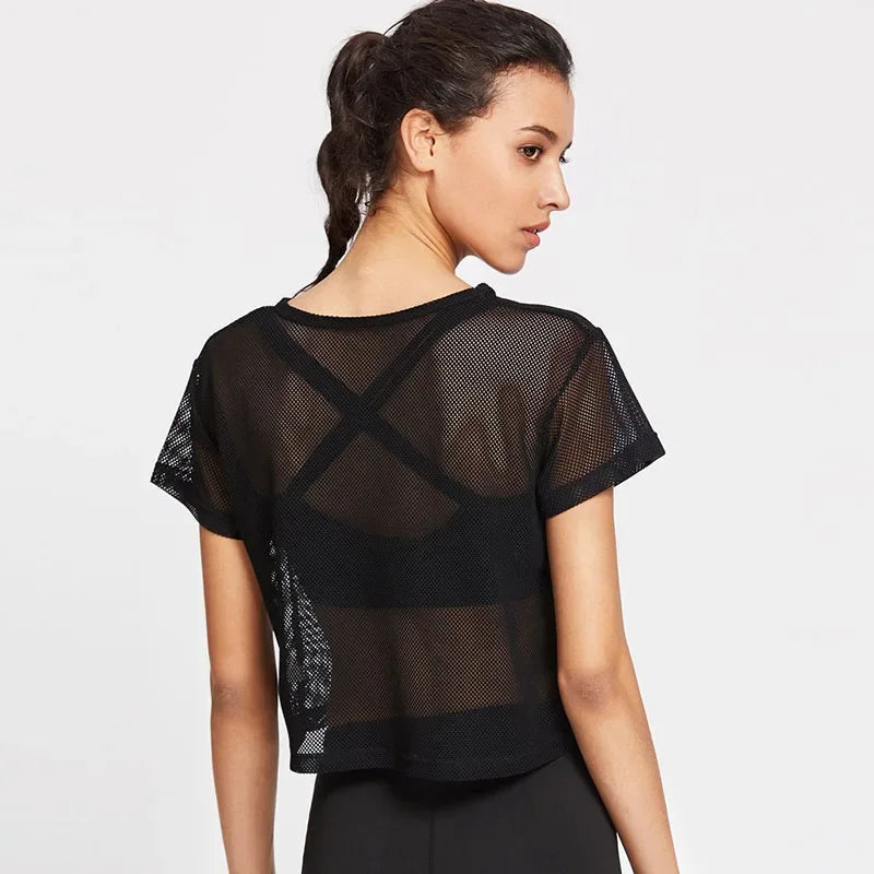Mesh Yoga Shirt Women Sport Top Short Sleeve T-Shirt Blouse Cover Up Fitness Tank Sportwear Quick Dry Running Gym Clothes