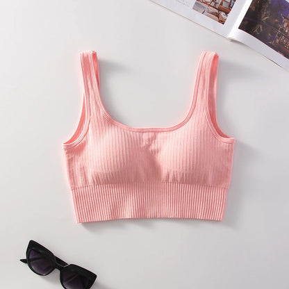 Ribbed Solid Sports Bra Medium Support Square Neck Seamless Knit Padded Push Up Fitness Bra Women's Activewear Summer Outerwear
