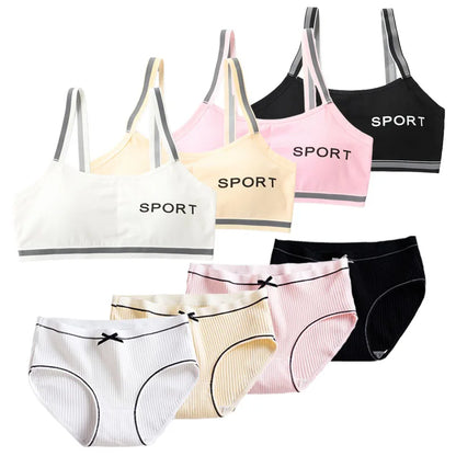 1/4 Sets Wireless Girl's Sports Bra Underwear Sets Cotton Breathable Sweat-Wicking Kids Brassiere and Girls Panties Lingerie Set