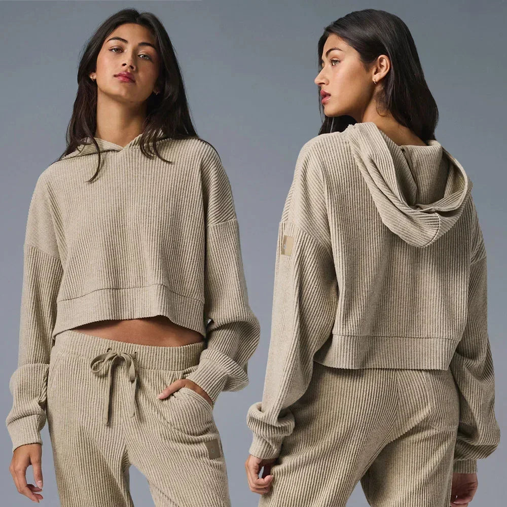 AL Yoga Set Muse Hoodie Jogger Style Loose Comfortable Short Hooded Sweatshirt Women's Sweatpant Threaded Split Fitness Set