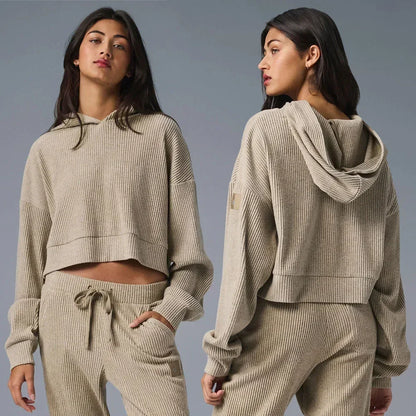 AL Yoga Set Muse Hoodie Jogger Style Loose Comfortable Short Hooded Sweatshirt Women's Sweatpant Threaded Split Fitness Set