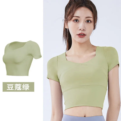 Fashion Yoga Clothing Short Yoga Top Stretch with Chest Pad Sports Tights Nude Yoga Short Sleeve