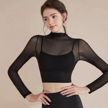 High End Yoga Clothing T-shirt with Chest Cushion and Mesh Sexy and Slimming Yoga Long Sleeved Top Fashion Sports Fitness Top
