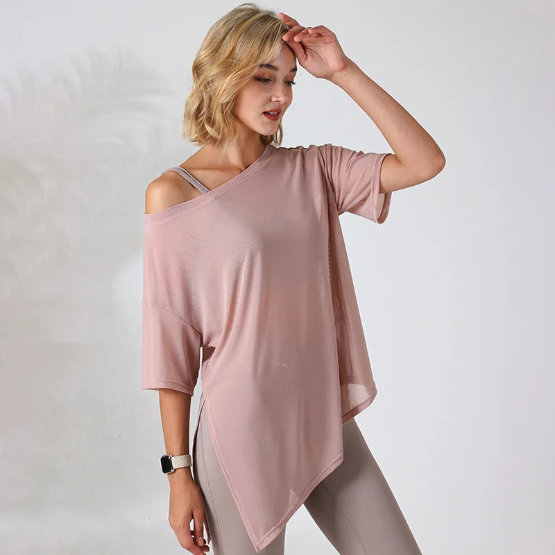 Women Yoga Shirts Thin Loose See-Through Sport Tops Breathable Short Sleeve Running T-shirt Forked Gym Fitness Top Blouse Female