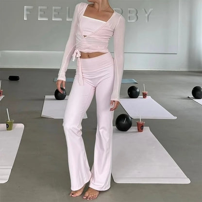 Yoga Workout Outfits Ladies Casual Slim Fit Bandage Crop Tops T-shirt + Fitness Legging Pants Women 2 Piece Sporty Matching Set