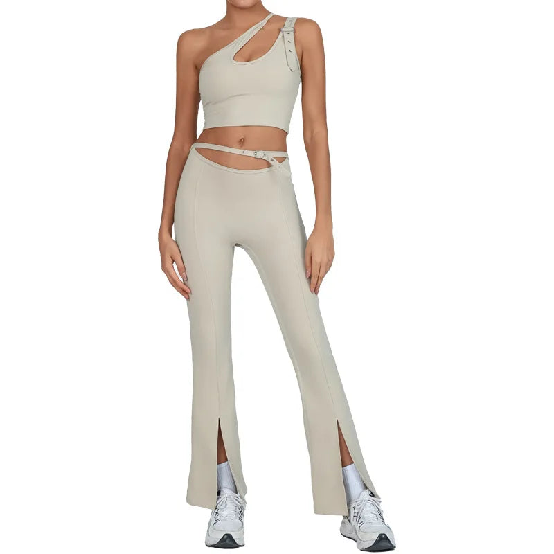 Yoga Set Sleeveless Single Shoulder Top High-Waisted Bootcut Leggings Built-In Bra Butt-Lifting Workout Outfit Gym Fitness