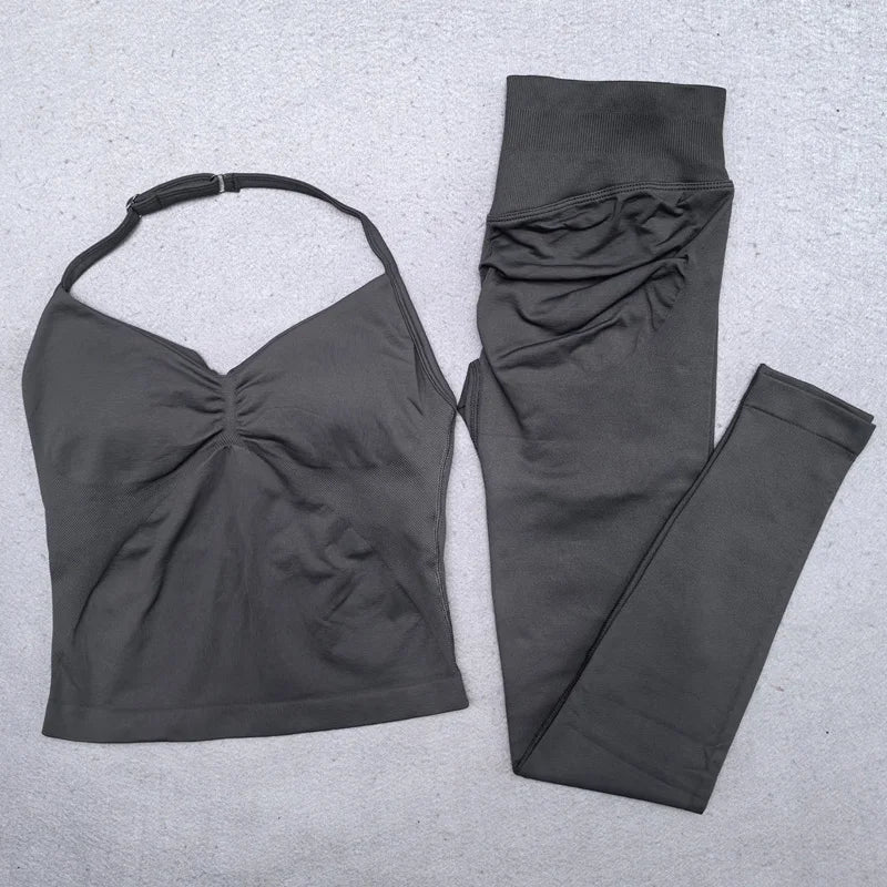 New Seamless Yoga Set Women Gym Clothing Scrunch Bum Legging Padded Tank Top Workout Outfits Fitness Sportswear Suits