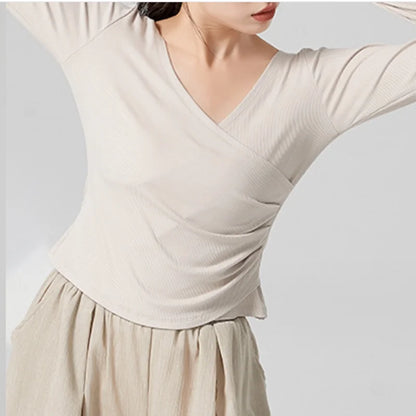 Adult Modern Dance Practice Clothes V Neck Finger Sleeve Autumn Winter Tops Women Slim Elegant Yoga Costume Performance Clothing