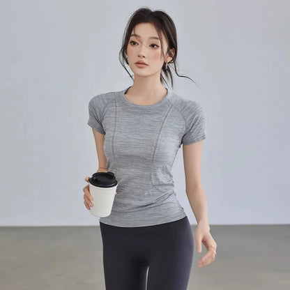 Yoga T-shirt Women's Summer Running Quick Dry Slim Short Sleeve Tight Yoga Clothes Pilates Training Fitness Clothing Slimming