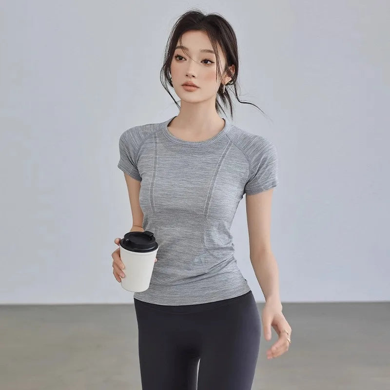 Yoga T-shirt Women's Summer Running Quick Dry Slim Short Sleeve Tight Yoga Clothes Pilates Training Fitness Clothing Slimming