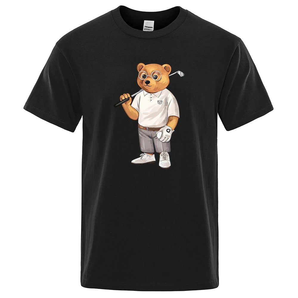 Gentleman Ted Bear Playing Golf Men T Shirts Summer Cotton Sweat T-Shirts Breathable Loose Clothes Hip Hop Street Short Sleeve