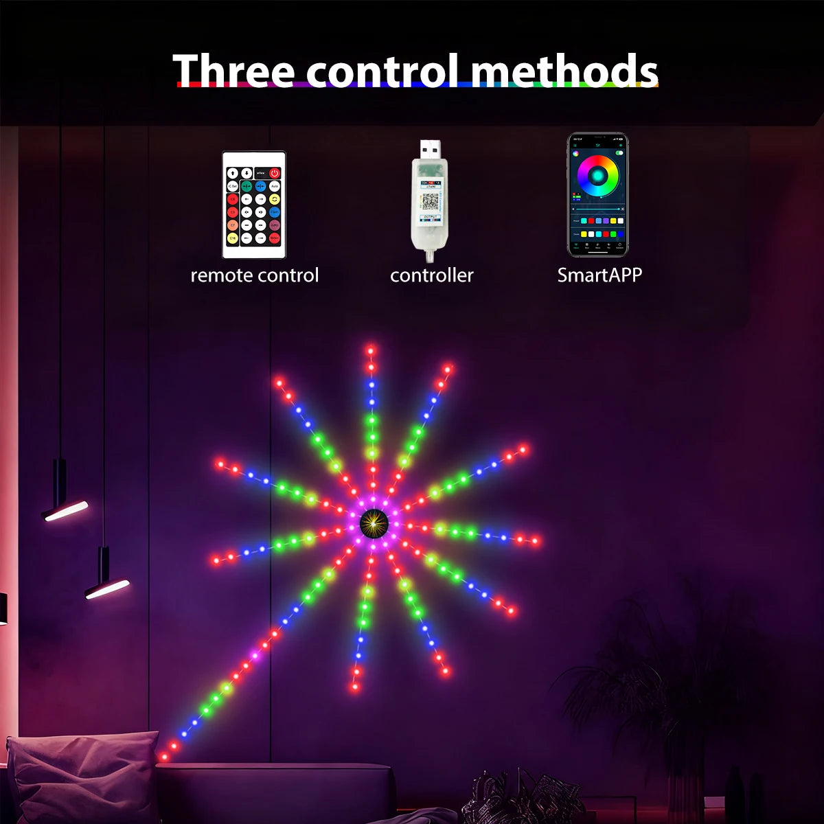 1pc RGB Firework Flexible LED Strip Lights 5V USB With Bluetooth Remote Voice-Activated Christmas Decoration Lights for Bedroom