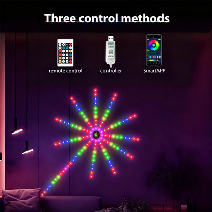1pc RGB Firework Flexible LED Strip Lights 5V USB With Bluetooth Remote Voice-Activated Christmas Decoration Lights for Bedroom