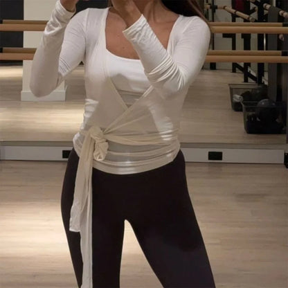 Women's Yoga Shirts Wrap Ruched Tie Front Long Sleeve Workout T Shirts Sexy Deep V Neck Slim Fit Casual Cropped Top