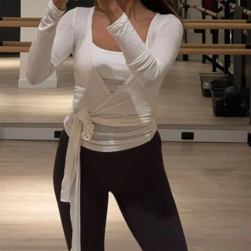 Women's Yoga Shirts Wrap Ruched Tie Front Long Sleeve Workout T Shirts Sexy Deep V Neck Slim Fit Casual Cropped Top