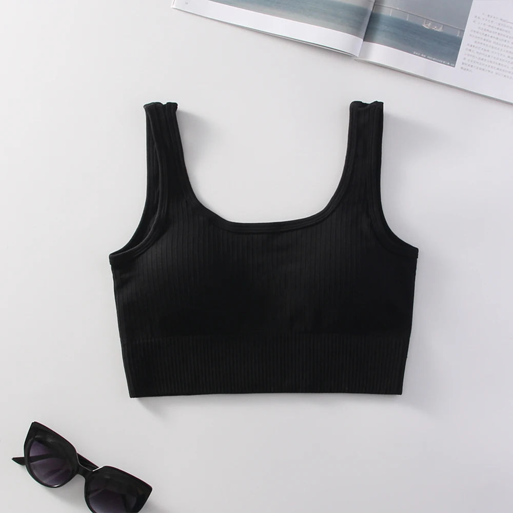 Ribbed Solid Sports Bra Medium Support Square Neck Seamless Knit Padded Push Up Fitness Bra Women's Activewear Summer Outerwear