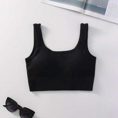 Ribbed Solid Sports Bra Medium Support Square Neck Seamless Knit Padded Push Up Fitness Bra Women's Activewear Summer Outerwear