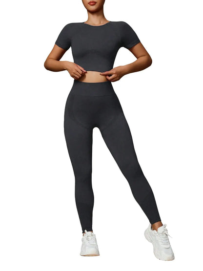 Fashionable women's two-piece high elastic seamless yoga suit sportswear, slim short-sleeved top, high waist pants,