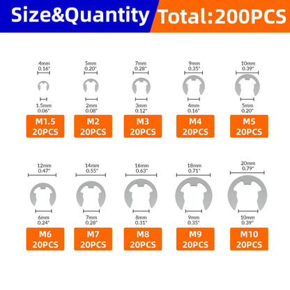 200pcs E Circlip Shaft External Retaining Ring Clip Washer 10 Size Stainless Steel Carbon Steel Circlip Washer for Shaft Fastene