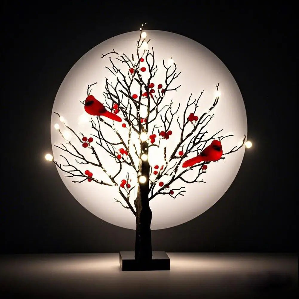 Lighted Mini Birch Tree Light LED Cardinals Christmas Tree Vintage Glowing Tree Light for Table Home Xmas Decoration Ornament
