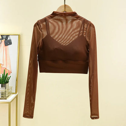 High End Yoga Clothing T-shirt with Chest Cushion and Mesh Sexy and Slimming Yoga Long Sleeved Top Fashion Sports Fitness Top