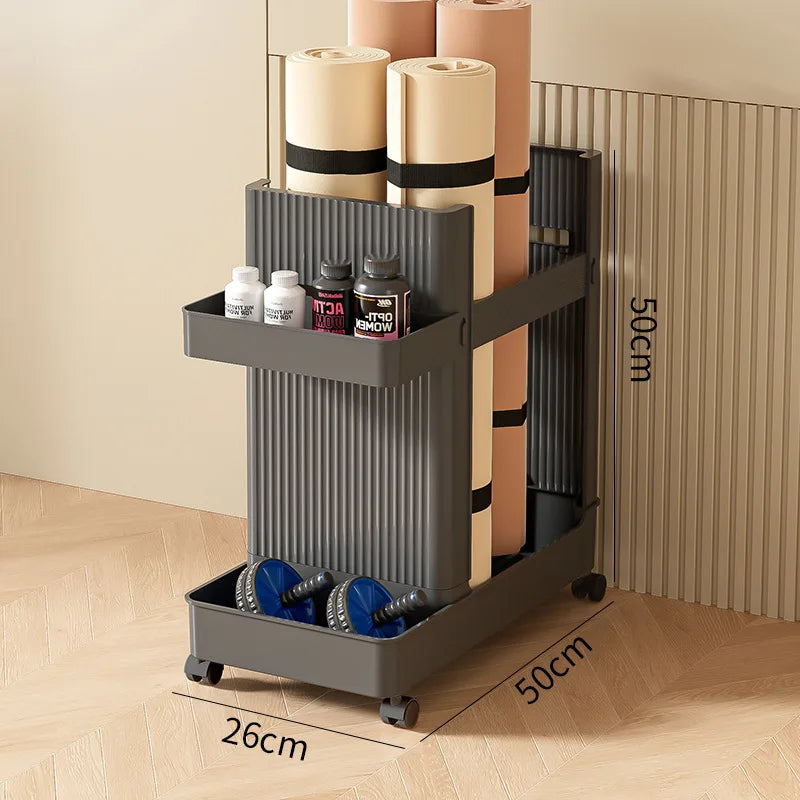 1p Gym Equipment Organizer Trolley with Wheels, Sports Storage Rack Yoga Mat Holder Basket Fitness Tools Organizer Portable Cart