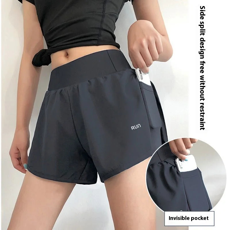 Yoga Wear Pockets Sports Shorts Female False Two Pieces Quick Dry Fitness Running Loose Thin Versatile Shorts