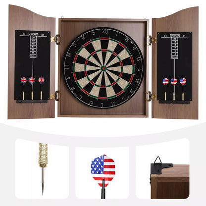 Brown Wall-Mounted Wooden Dartboard with Cabinet & Dart Set, Perfect for Adults
