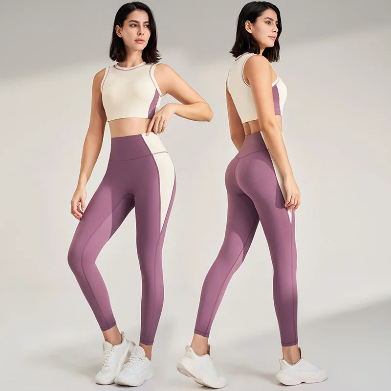 Sports Outdoor Fitness Suit Color Blocking Quick Dry Yoga Clothing Shockproof Bra Yoga Leggings Running Long Pants Female
