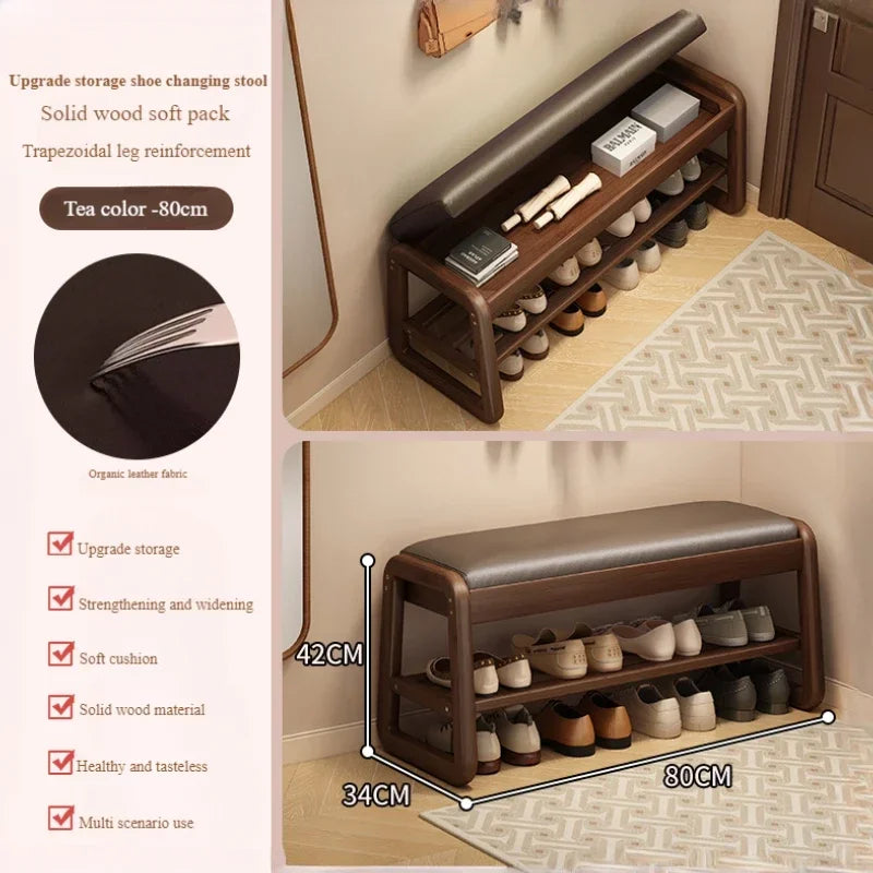 Solid Wood Shoe Bench Breathable Living Room Entryway Thickly Padded Shoe Changing Stool Anti-Collapse Hallway Storage Stools