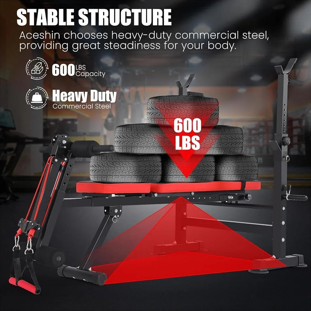 6 in 1 Adjustable Weight Bench with Squat Rack Folding Home Gym Bench Press Set Heavy Duty Multilevel Settings 600lbs Capacity