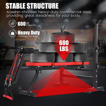 6 in 1 Adjustable Weight Bench with Squat Rack Folding Home Gym Bench Press Set Heavy Duty Multilevel Settings 600lbs Capacity
