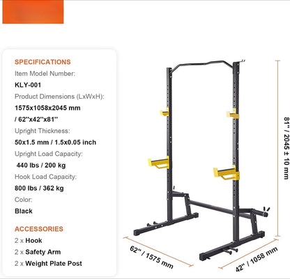 Squat Stand Power Rack,Multi-Functional Power Rack with Pull up Bar, Hook, and Weight Plate Storage Attachment, Adjustable Power