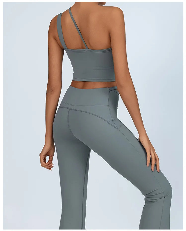 Yoga Set Sleeveless Single Shoulder Top High-Waisted Bootcut Leggings Built-In Bra Butt-Lifting Workout Outfit Gym Fitness