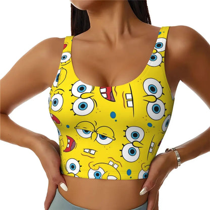SpongeBobed Anime Cartoon Womens' Sports Bra Longline Wirefree Padded with Medium Support Yoga Sport Bras With Removable Cups