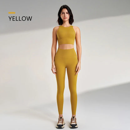 Naked yoga pants set of European and American yoga clothing high-waisted peach to lift the buttocks fitness suit female bra