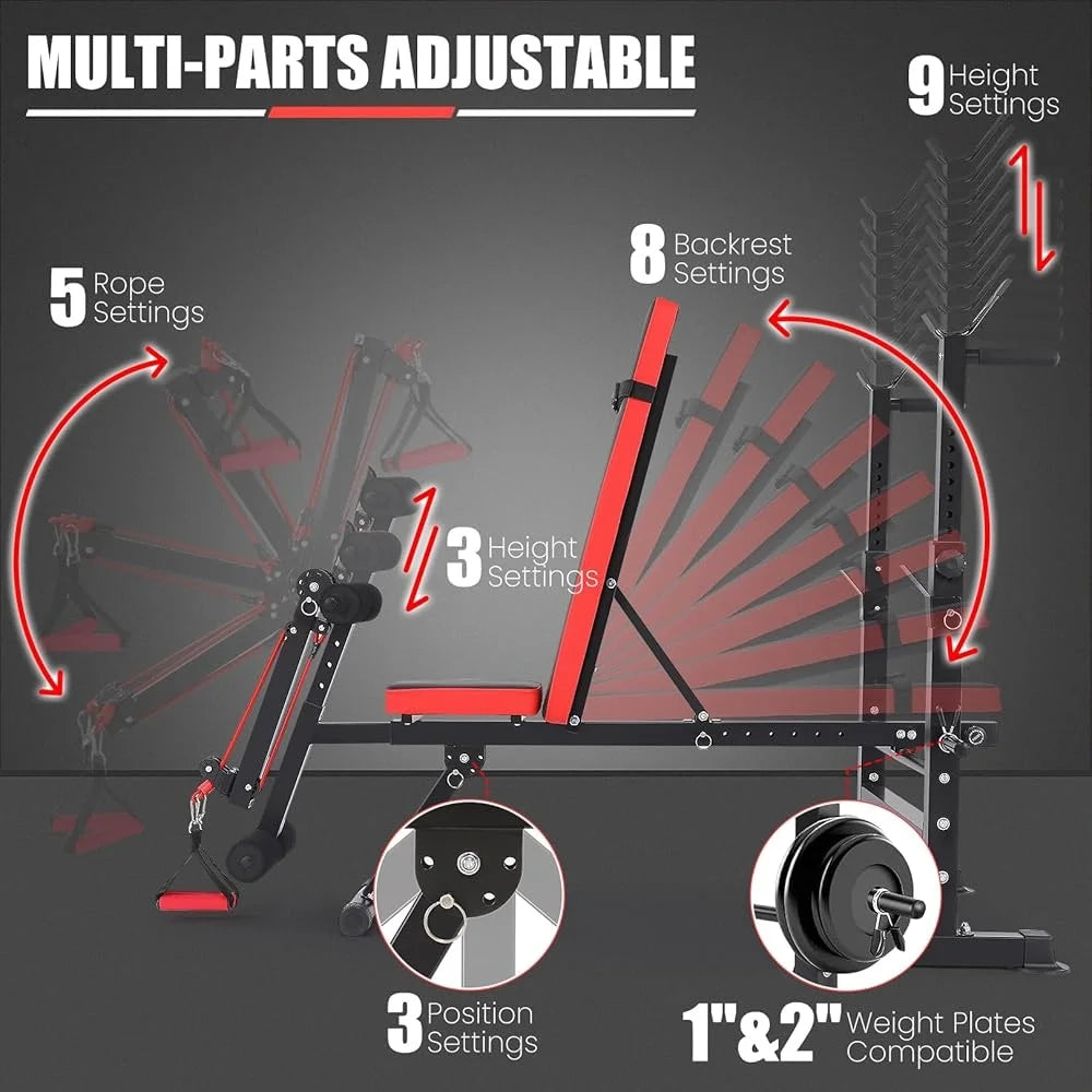 6 in 1 Adjustable Weight Bench with Squat Rack Folding Home Gym Bench Press Set Heavy Duty Multilevel Settings 600lbs Capacity