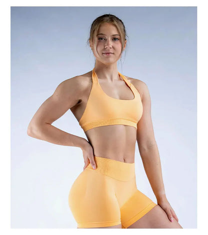 Sports Bra  Seamless Halter Neck Strap Bra Open Back Fitness Yoga Top Bras Support Women Workout Gym Crop Top