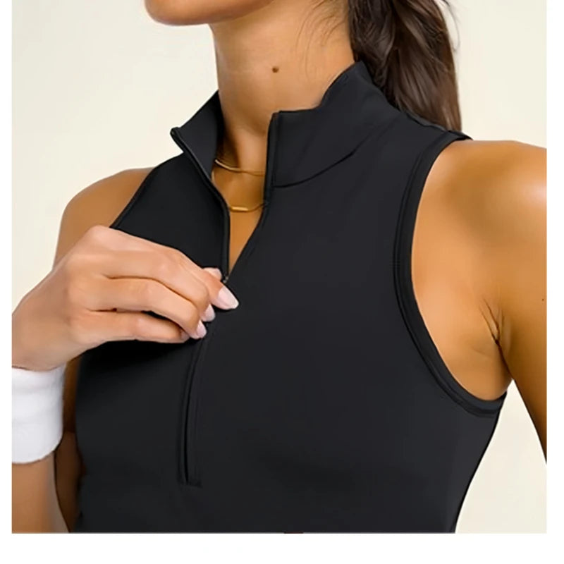 European and American Casual Sports Fitness Yoga Suit Sleeveless Back Hollow Black Tennis Dress