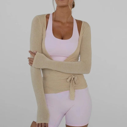 Women's Yoga Shirts Wrap Ruched Tie Front Long Sleeve Workout T Shirts Sexy Deep V Neck Slim Fit Casual Cropped Top
