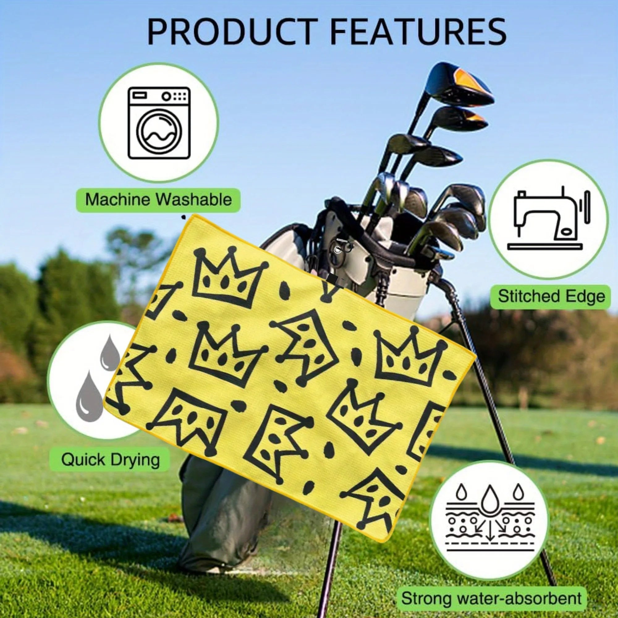 Funny Yellow Golf Towel with Black Golf Club Print - Ideal for Golf Bags & Creative Gift for Golf Lovers