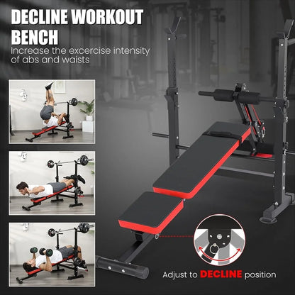 6 in 1 Adjustable Weight Bench with Squat Rack Folding Home Gym Bench Press Set Heavy Duty Multilevel Settings 600lbs Capacity