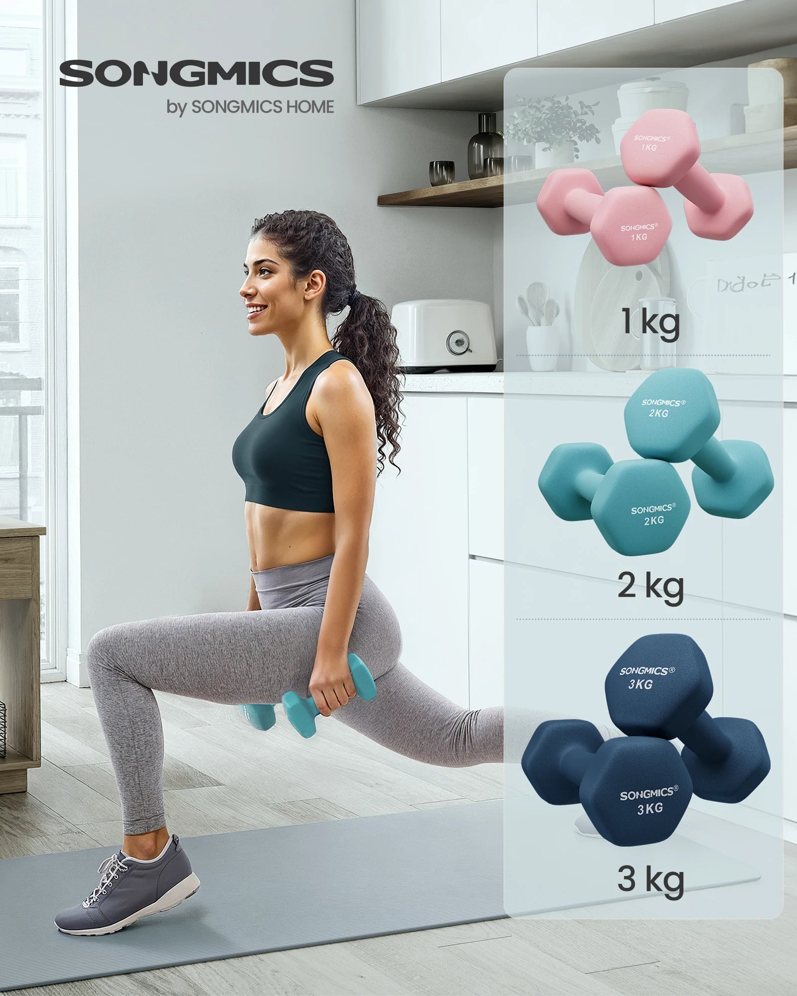 SONGMICS Dumbbell Set, dumbbells, Hexagon, with Dumbbell stand, 2x1 kg, 2x2 kg, 2x3 kg, lime green, aquamarine, Gray