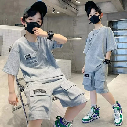 Boys Sport Clothing Sets Summer Big Kids Loose Casual Suit Teen Short Sleeve Tops+Shorts 2Pcs Children Fashion Handsome Outfits