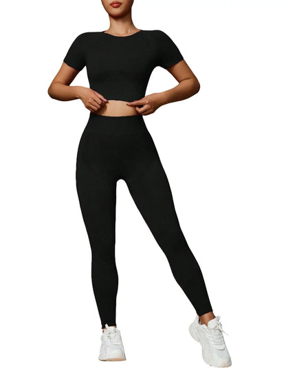 Fashionable women's two-piece high elastic seamless yoga suit sportswear, slim short-sleeved top, high waist pants,