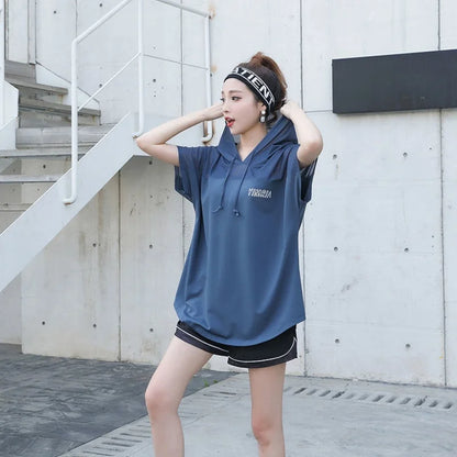 Loose Fitness Clothes Women's Yoga T-Shirt Hoodies Sweatshirt Summer Thin Short Sleeve  Outdoor Running Sports Clothing