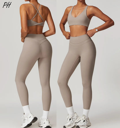 Women Gym Yoga Fitness Sportswear 2Pcs Set Solid Running Workout Sport Clothing Tights Elastic Tracksuit Sexy Yoga Sport Set New