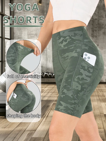 1 pair of women's camouflage printed yoga shorts, high waistband pocket tight shorts, slim fit sports and fitness shorts