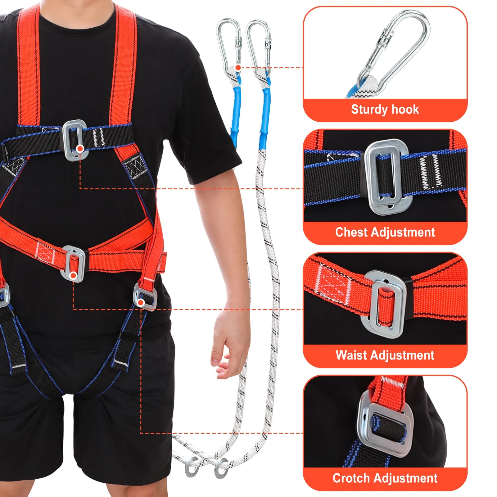 Safety Harness for Work in Height with 2M Safety Rope Belt Carabiner Outdoor Climbing Industrial Full Body Security Protection